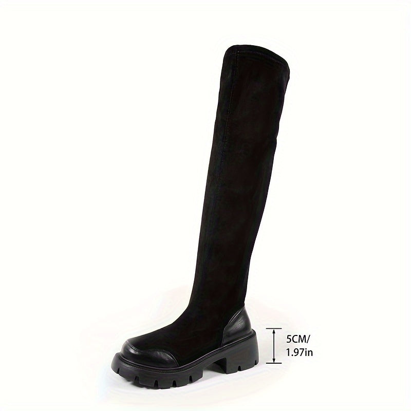 Women's Over-the-Knee Boots Black Velvet Ribbed Thigh-High Chunky Heel Slip-On