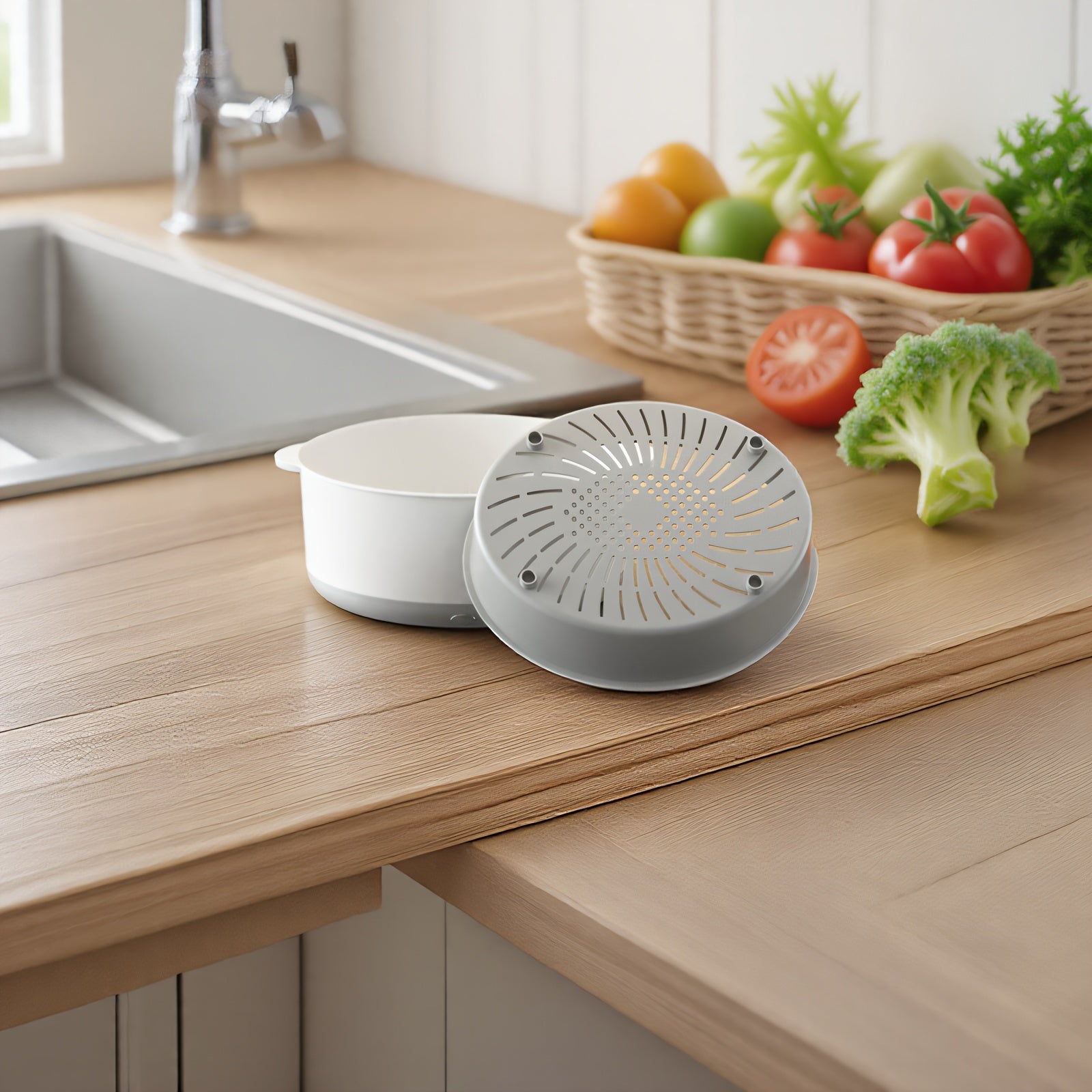 Qurilma bilan elektr quvvatli qo‘l bilan ishlovchi meva va sabzavot yuvish mashinasi, oqim qutisi va USB port bilan. Oziq-ovqat protsessorining qo‘shimchalari bilan ta'minlangan.