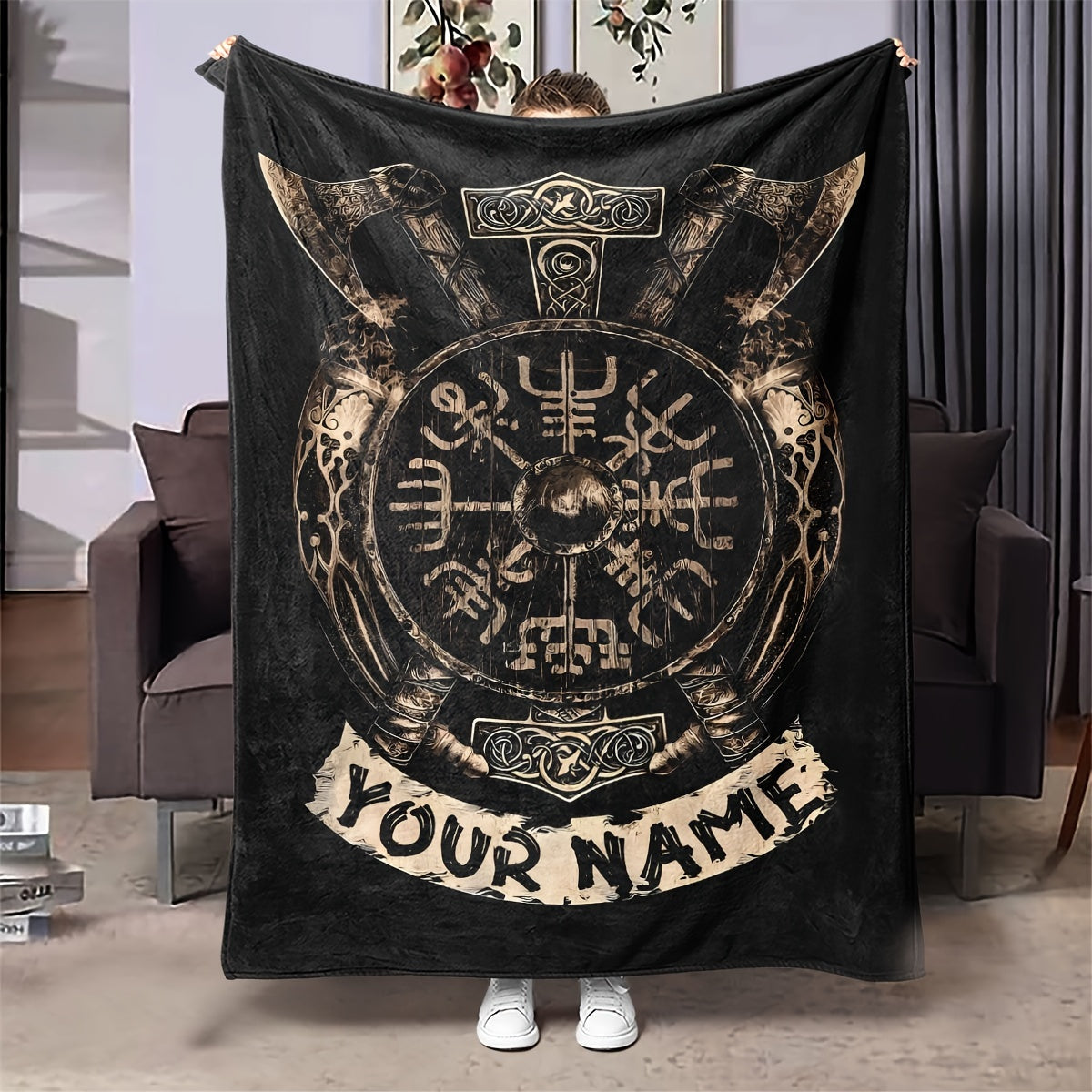 Personalized Viking Totem Print Flannel Blanket Polyester Geometric Shaped All Seasons Gift