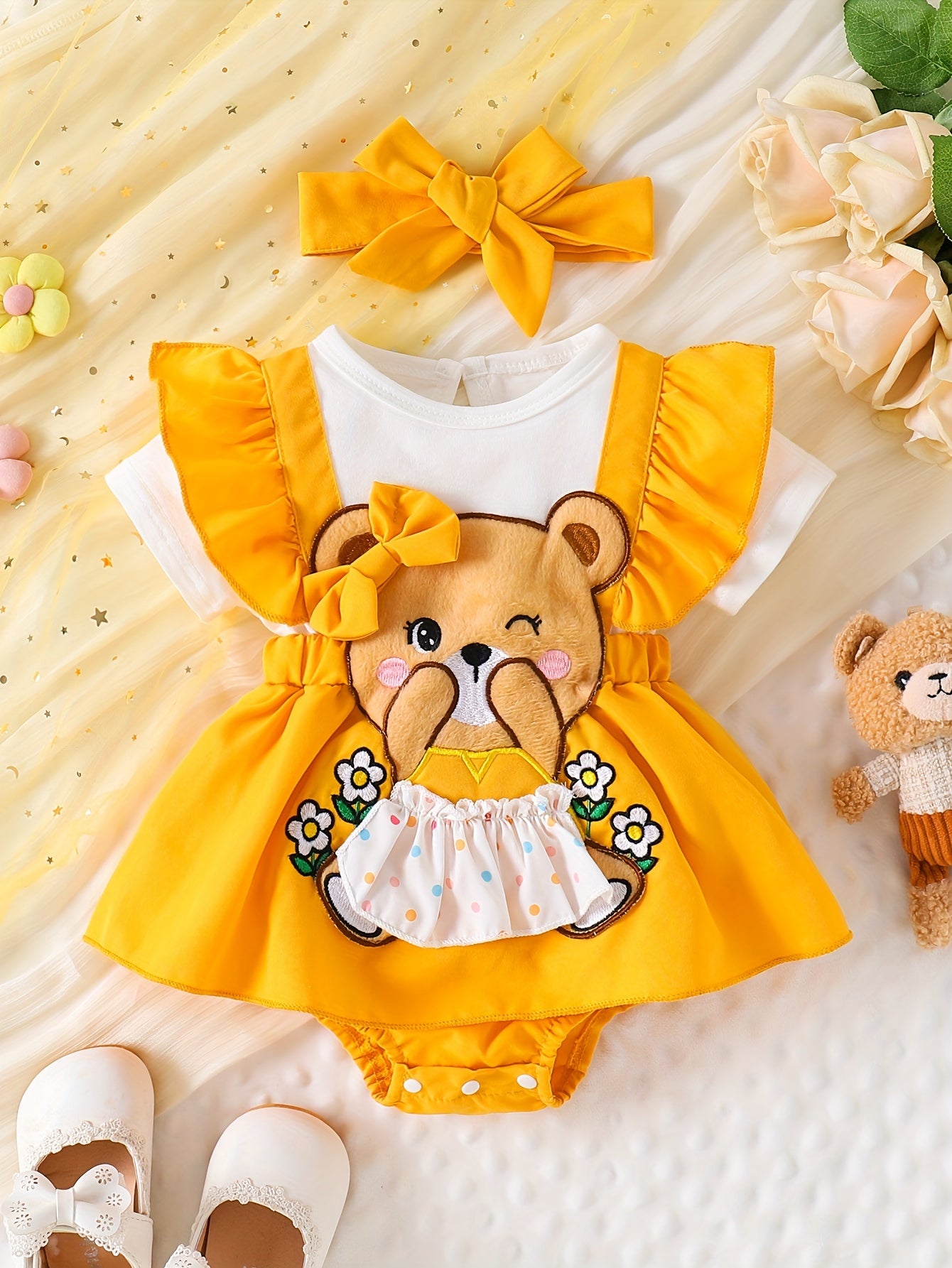Baby Girl Summer Romper Cotton Bow Bear Embroidery for Newborns Outdoor Wear
