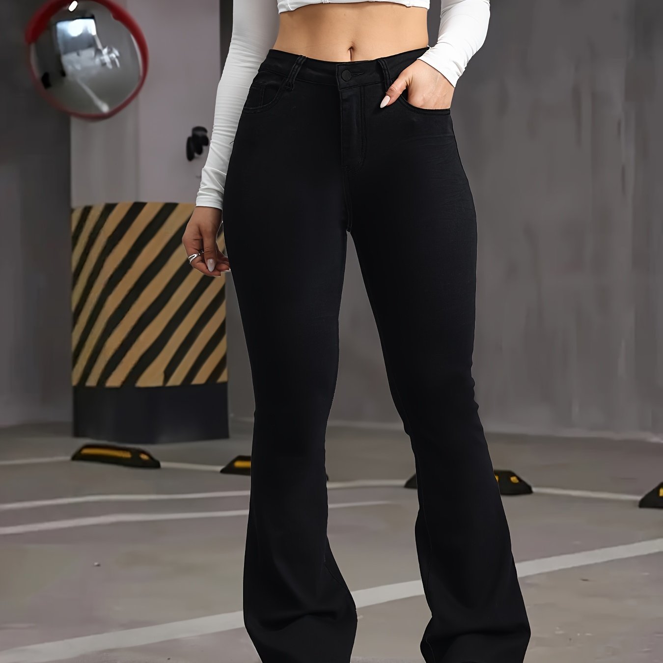 Plus Size High Waist Flare Jeans Stretch Denim Bell Bottoms Solid Color