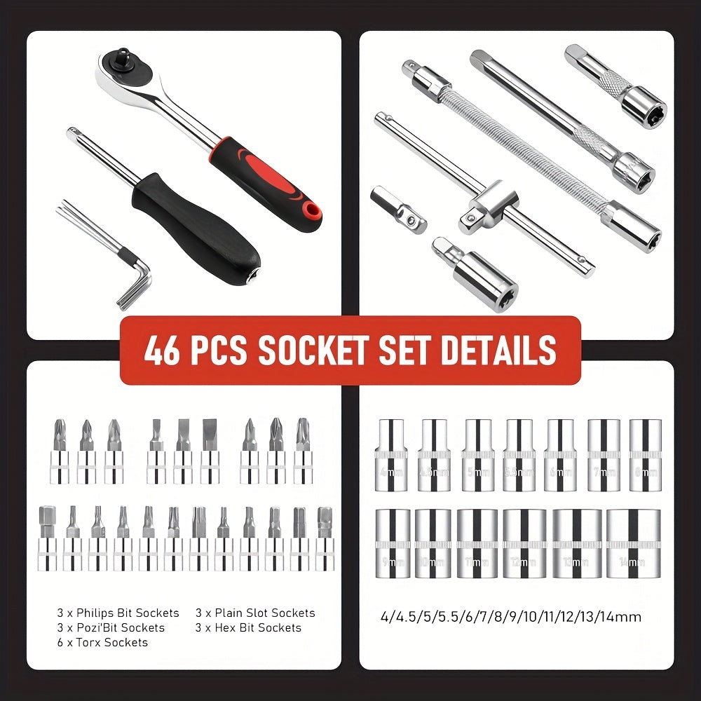 Portativ 53/46 dona Ratchet Socket Wrench to'plami, avtomobil va mototsikl texnik xizmat ko'rsatish uchun qutisi bilan.