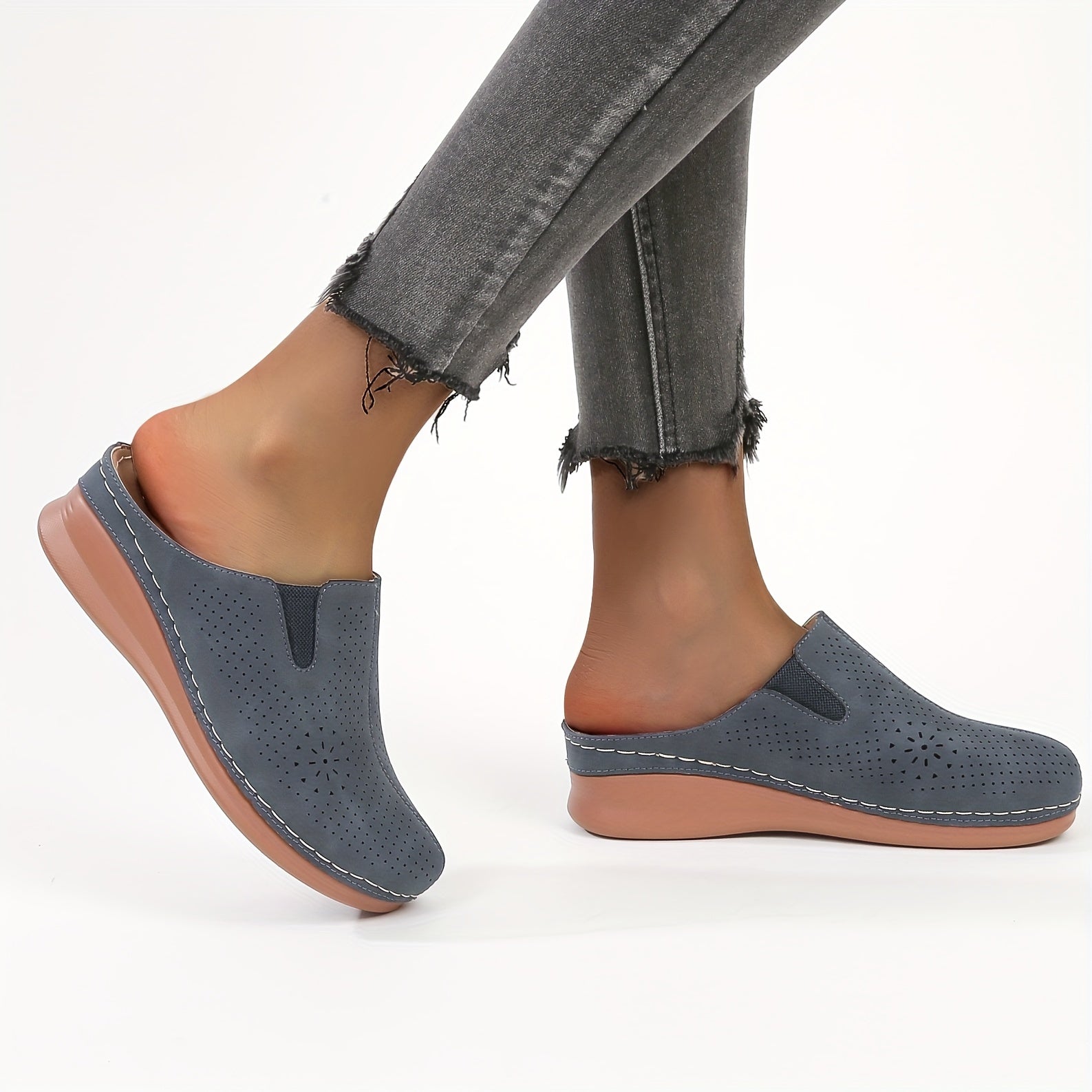 Women’s Perforated Wedge Mule Slide Sandals Casual Summer Outdoor Shoes