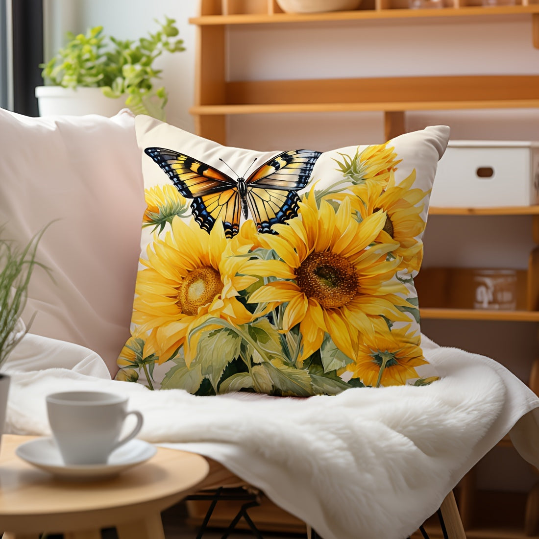 Sunflower Butterfly Design Throw Pillow Cover 45x45cm Peach Skin Velvet Decorative Sofa Bed Bedroom