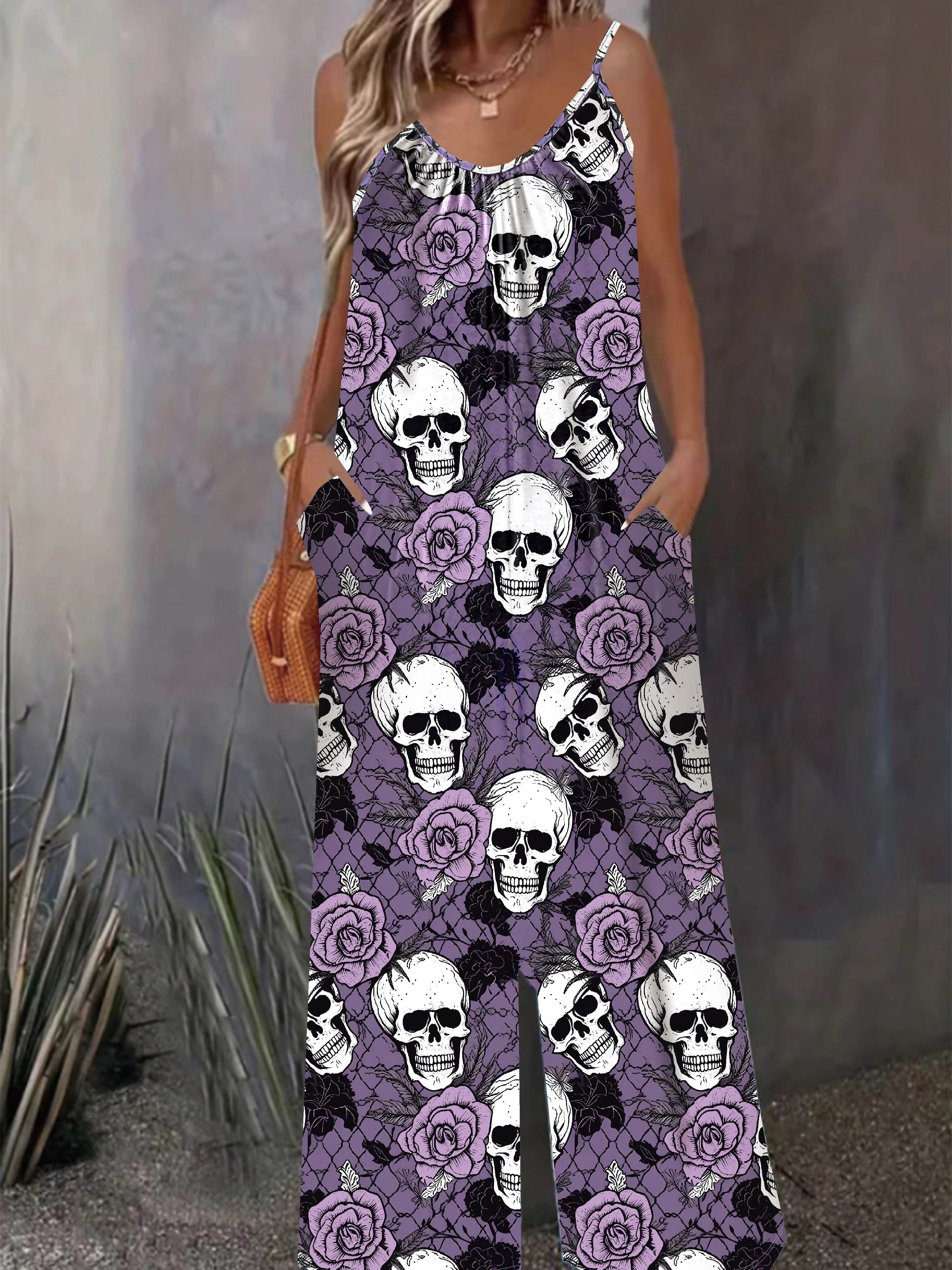 Plus Size Skull Print Slip Jumpsuit Casual Sleeveless Pockets Ruched Women