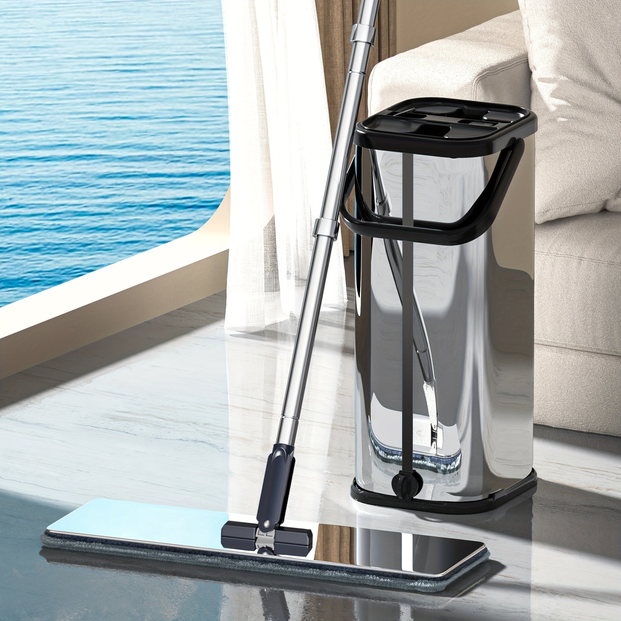 Stainless Steel Flat Mop and Bucket Set for Kitchen Bathroom Living Room