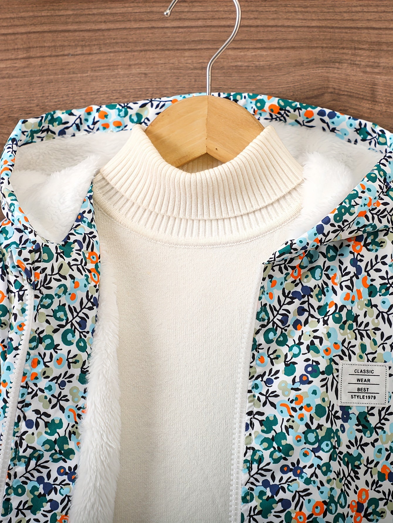 Chaqueta con capucha casual para niños con forro de felpa y estampado aleatorio para otoño e invierno