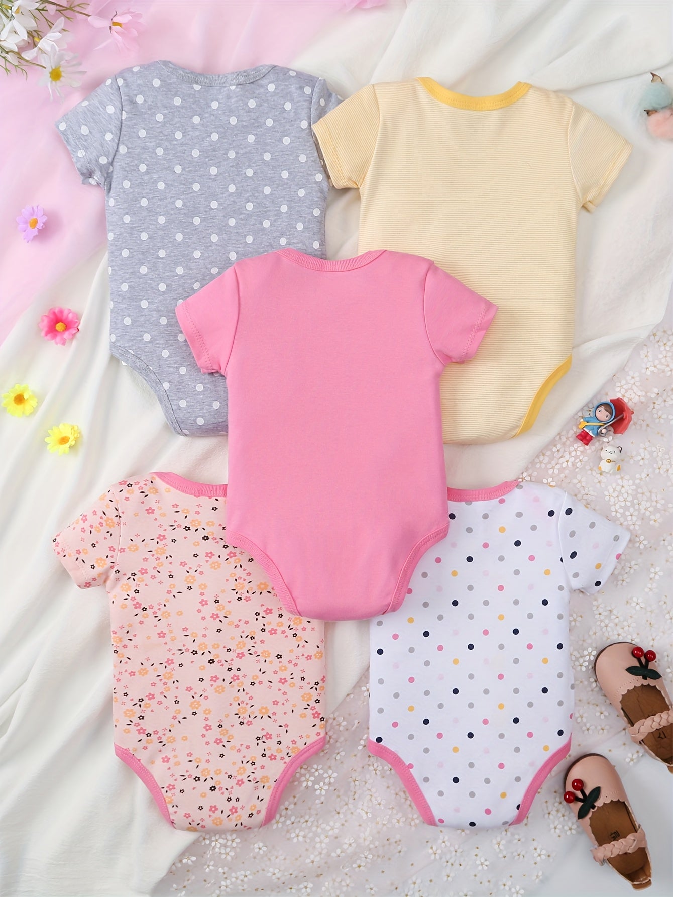 Baby Girls Cotton Bodysuits Set 5 Short Sleeve Rompers with Embroidery and Floral Pattern