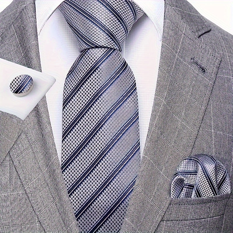 Men's Striped Necktie Cufflink Handkerchief Set for Business and Gifting