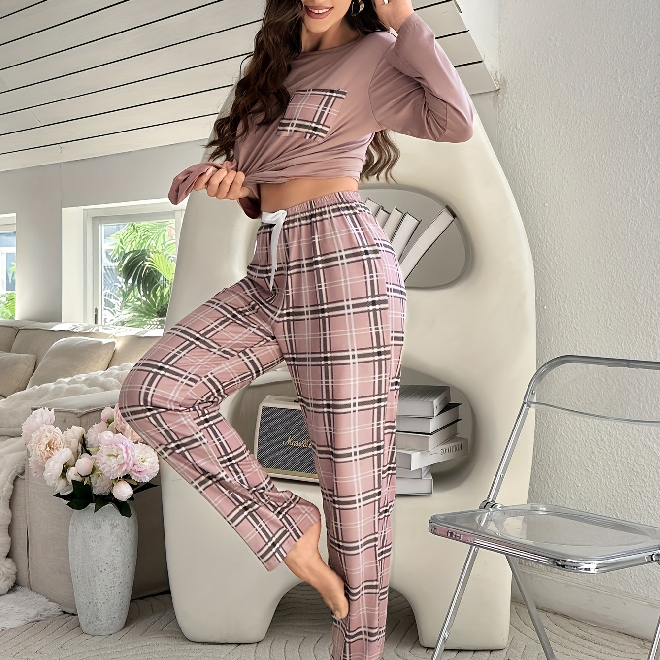 Women's Plaid Pajama Set Long Sleeve Crew Neck Fall Winter Casual