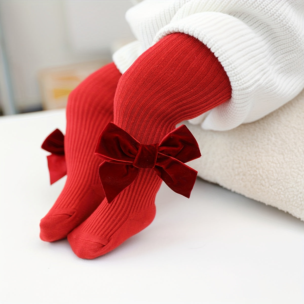 Leggings de terciopelo con lazo para niñas, tela de punto para todas las estaciones en rojo, negro y blanco