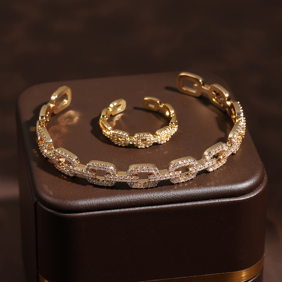 Women’s Jewelry Set Copper Cubic Zirconia Bracelet and Ring Vintage Style