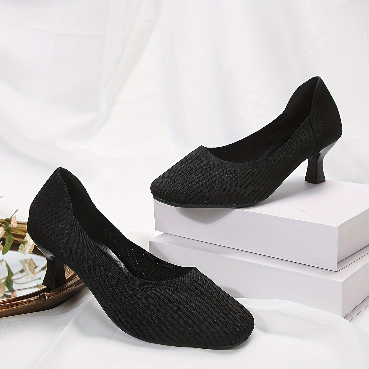 Women's Knitted Slip-On Mid Heels Solid Color Comfortable Work Shoes