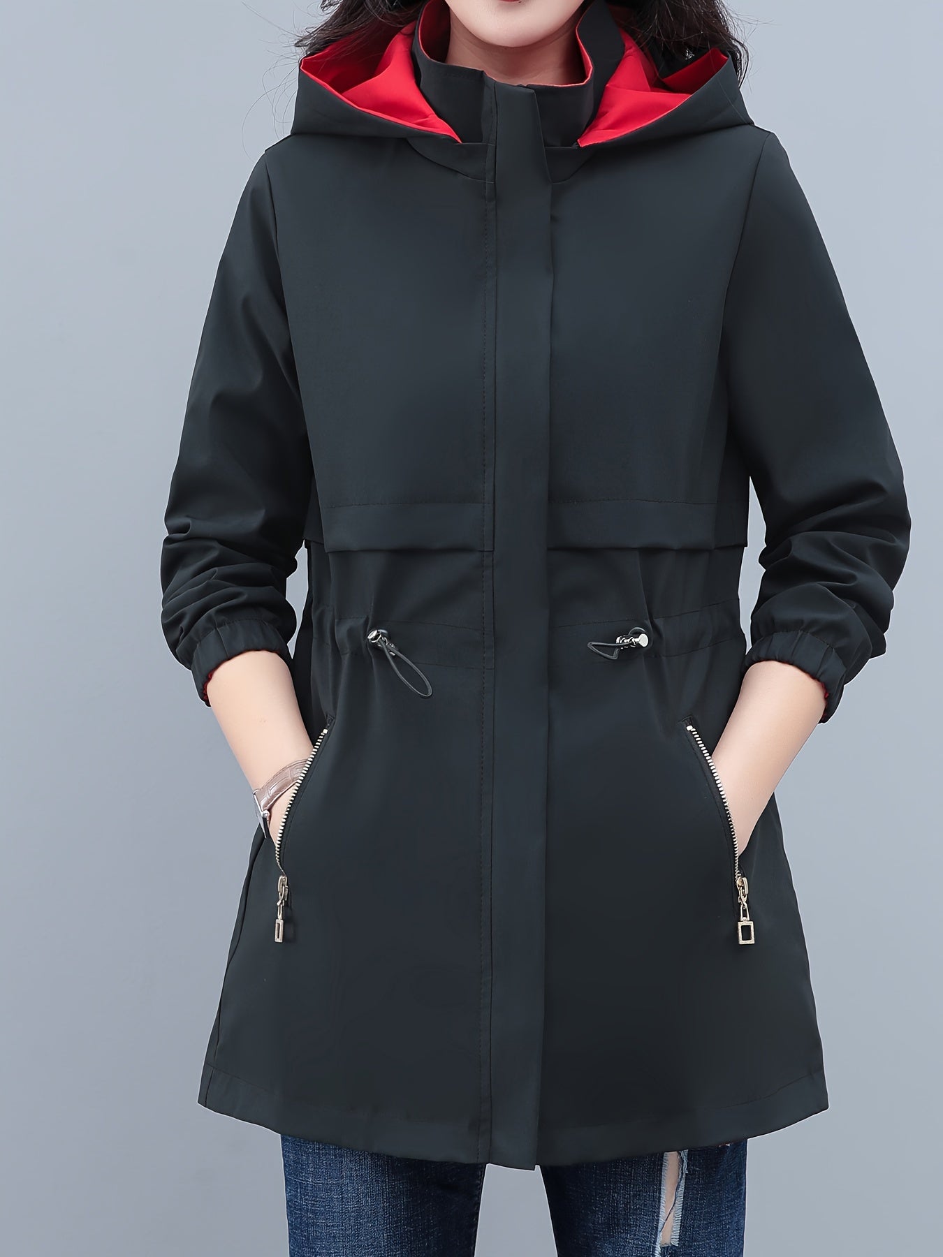 Women's Color Block Windbreaker Hoodie Jacket with Zipper Pockets for Spring Fall