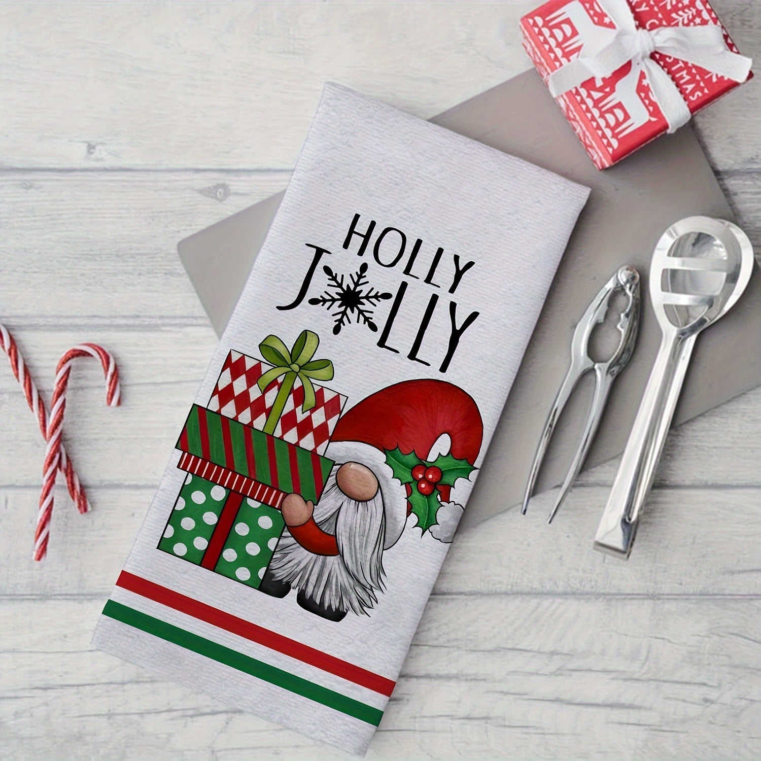 Set of 2 Christmas Gnome Kitchen Towels Red Green Holiday Hand Drying Baking 18x28 Inches