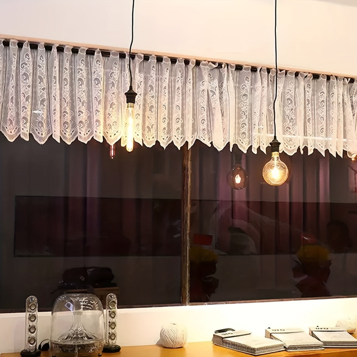 White Lace and Floral Mesh Cafe Curtain for Kitchen and Window Decor
