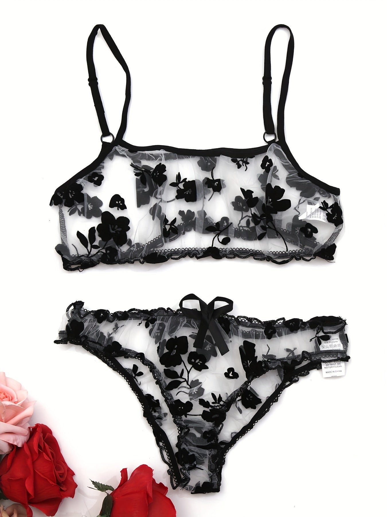 Women's Mesh Flower Lingerie Set with Transparent Details 2 Pieces Adult Size