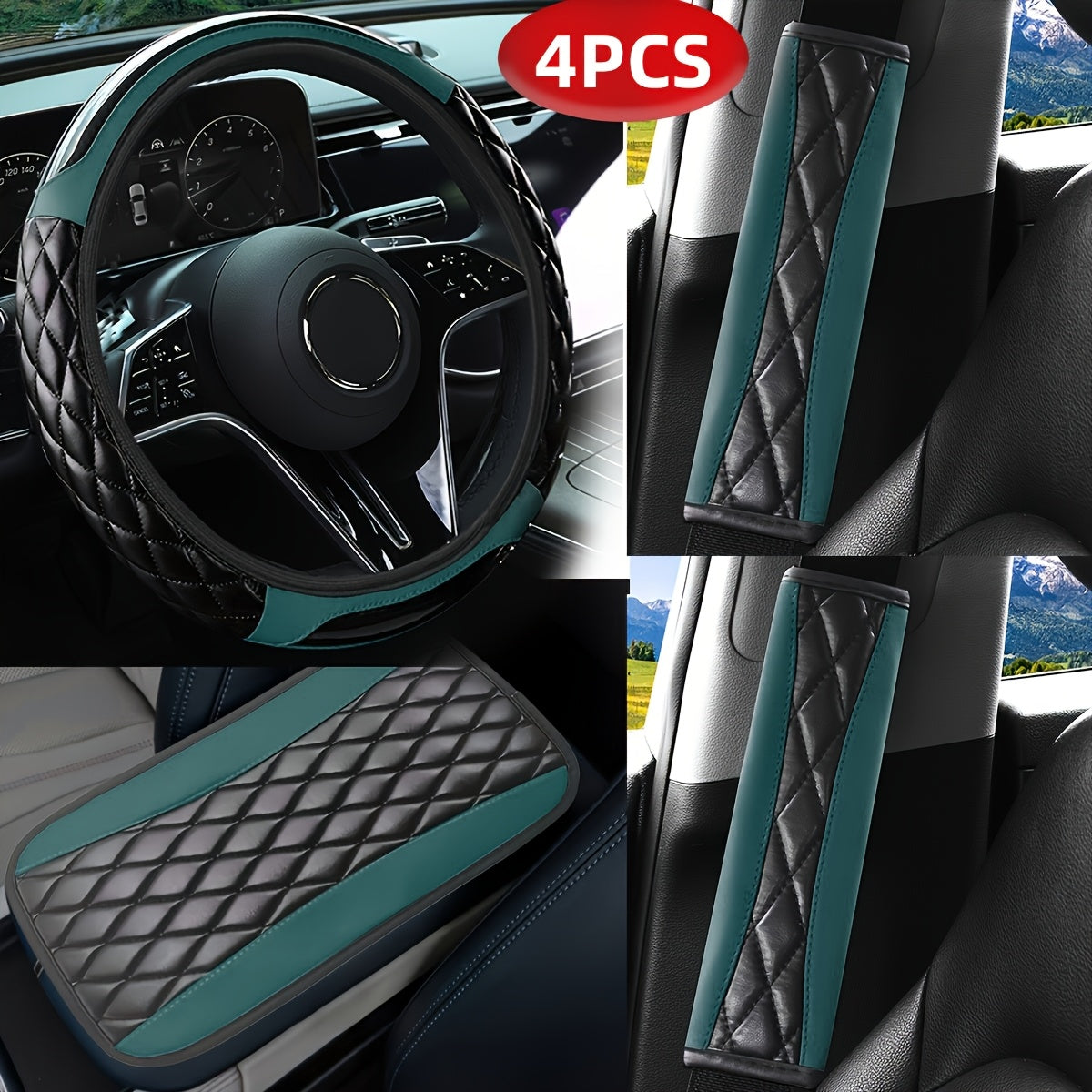 Juego de interior de coche de fibra de carbono para unisex incluye cubierta de volante, cubierta de cinturón de seguridad y almohadilla de reposabrazos