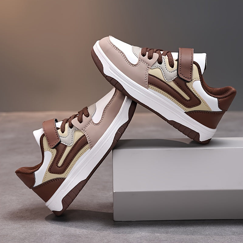 Zapatillas bajas para niños ligeras con rayas y cubierta de imitación casual para correr, deportes, marrón y blanco