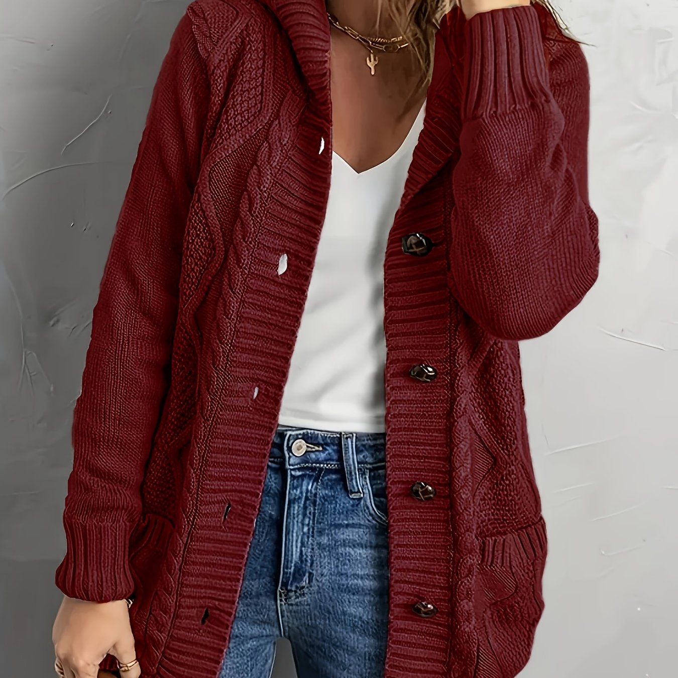 Plus Size Women's Cable Knit Hooded Cardigan Long Sleeve Fall Casual Sweater