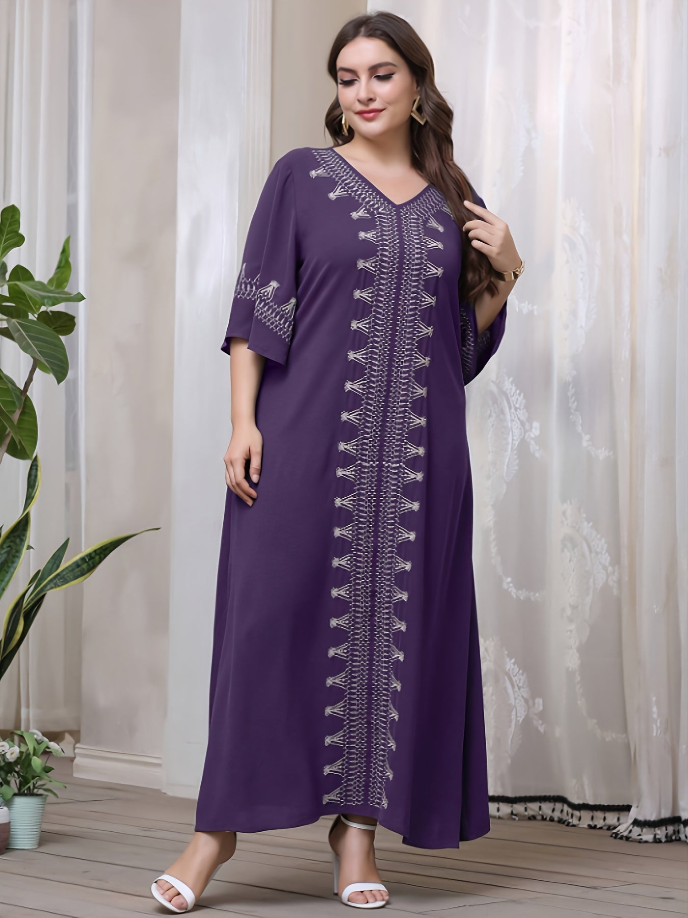 Plus Size Women's V-Neck Long Sleeve Casual Tribal Dress All-Season