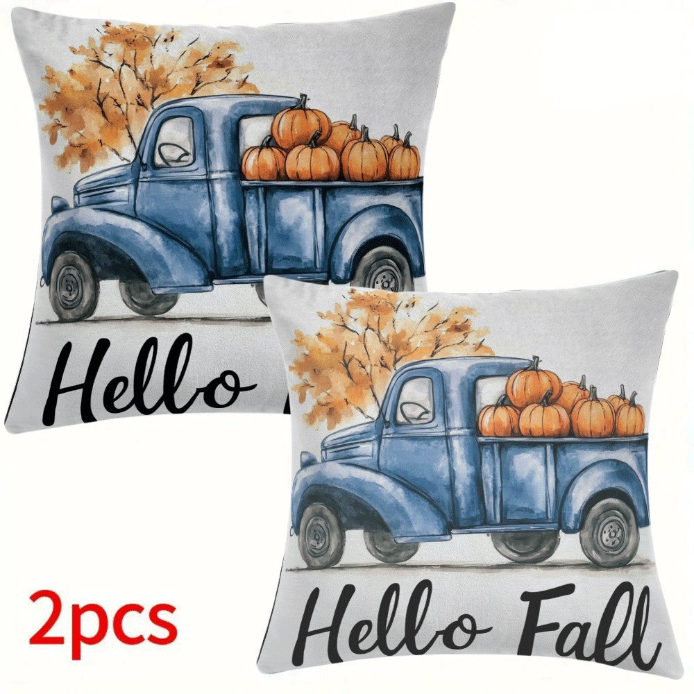Set of 2 Flannel Pillow Covers 45.72 cm Zippered Pumpkin Truck Design for All Seasons