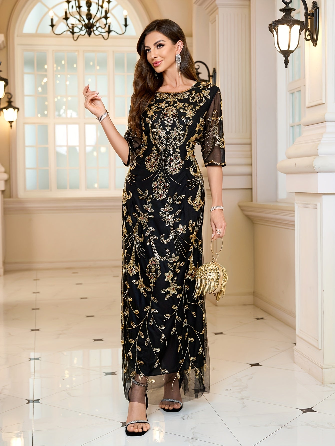 Women's Sequin Beaded Floral Formal Dress Black and Gold for Wedding and Party