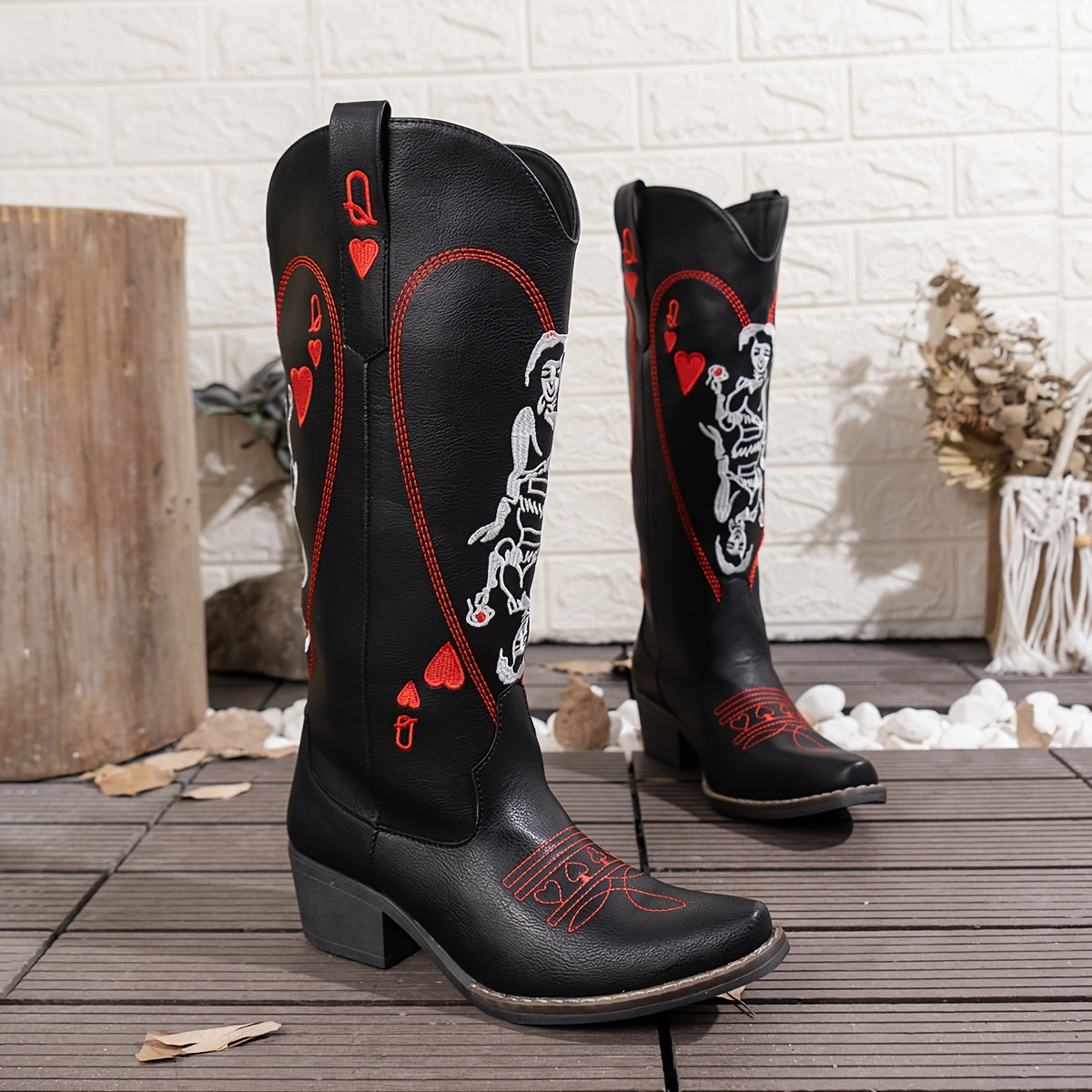 Women's Embroidered Western Cowboy Boots Pointed Toe Mid-Heel Slip-On All-Season