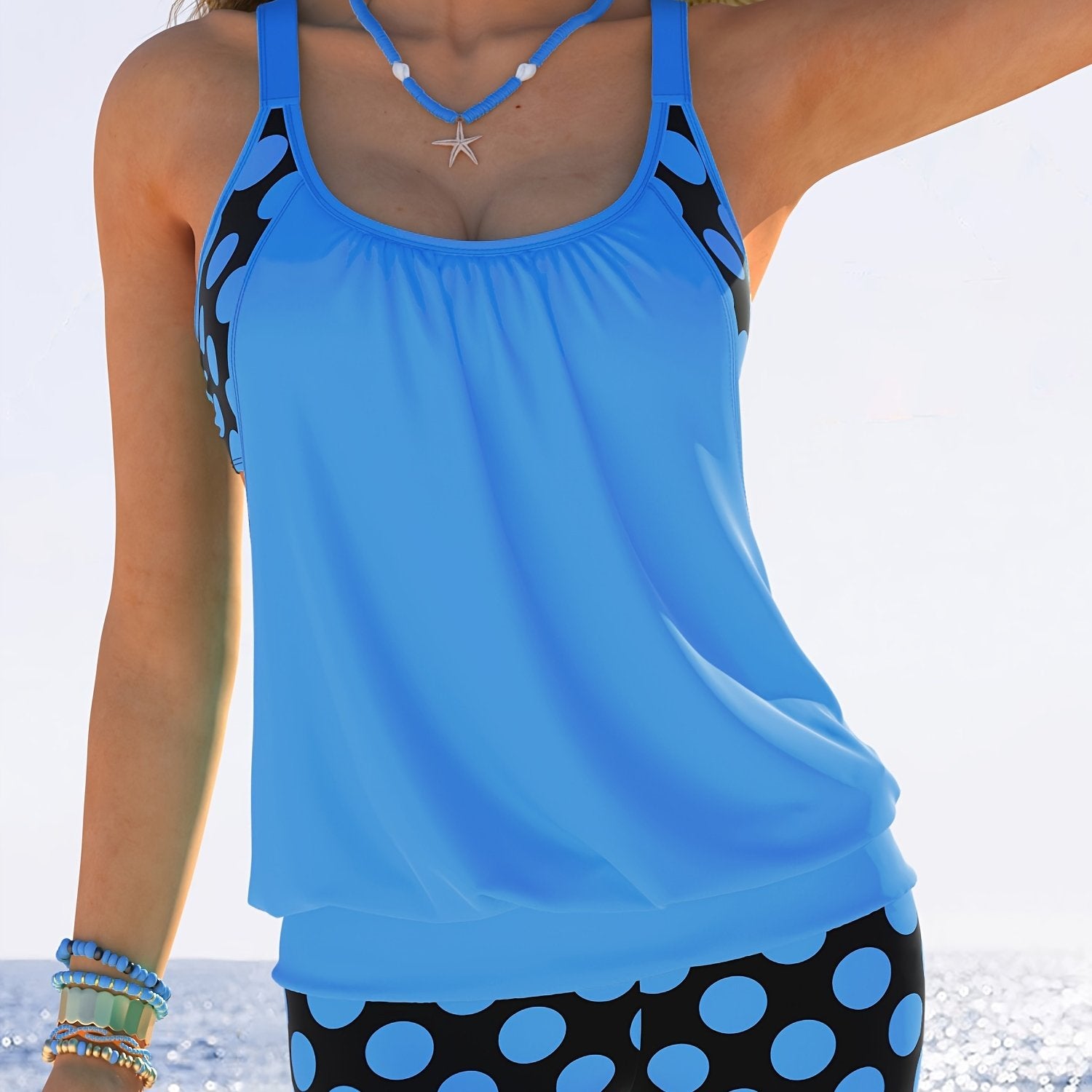 Women's Yellow and Black Polka Dot Tankini Set with Ruching and High-Waisted Shorts