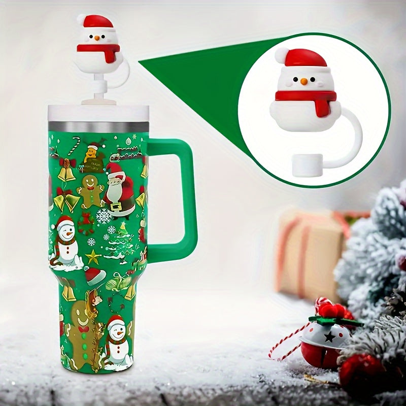 Set of 5 Reusable Silicone Straw Lids Christmas Santa Tree Fits 10mm Straws