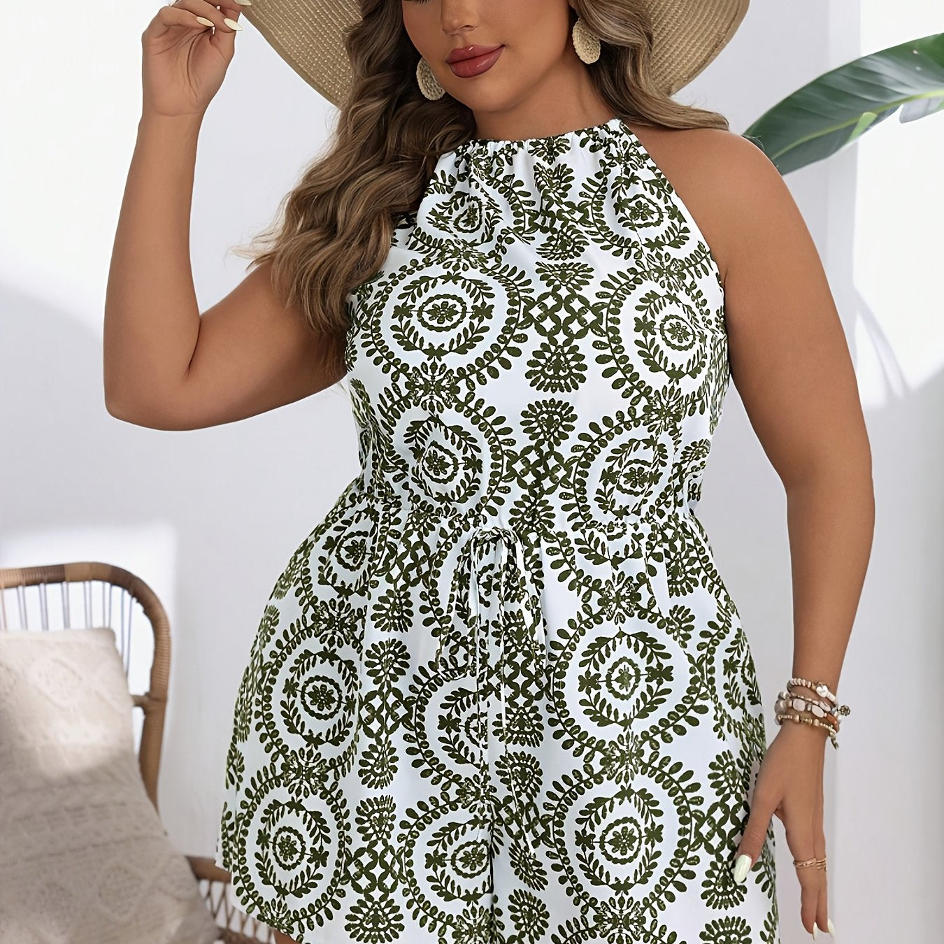 Women's White Green Floral Sleeveless Jumpsuit with Tie Back Casual Summer
