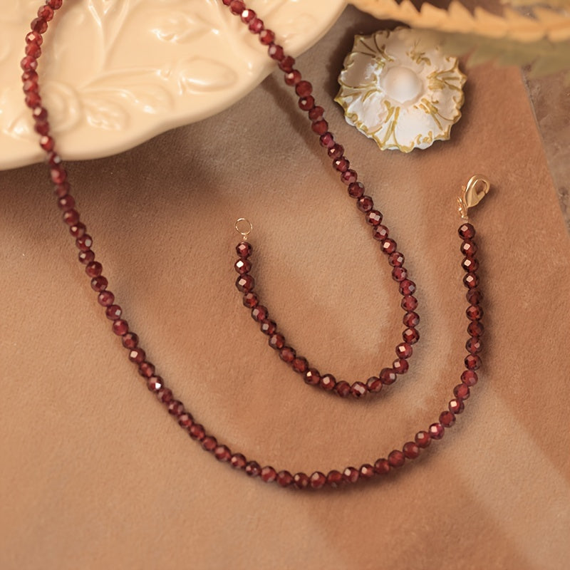 Garnet Jewelry Set with Beaded Necklace and Bracelet Boho Style Natural Gemstone Hypoallergenic Dual Layer Silk Thread