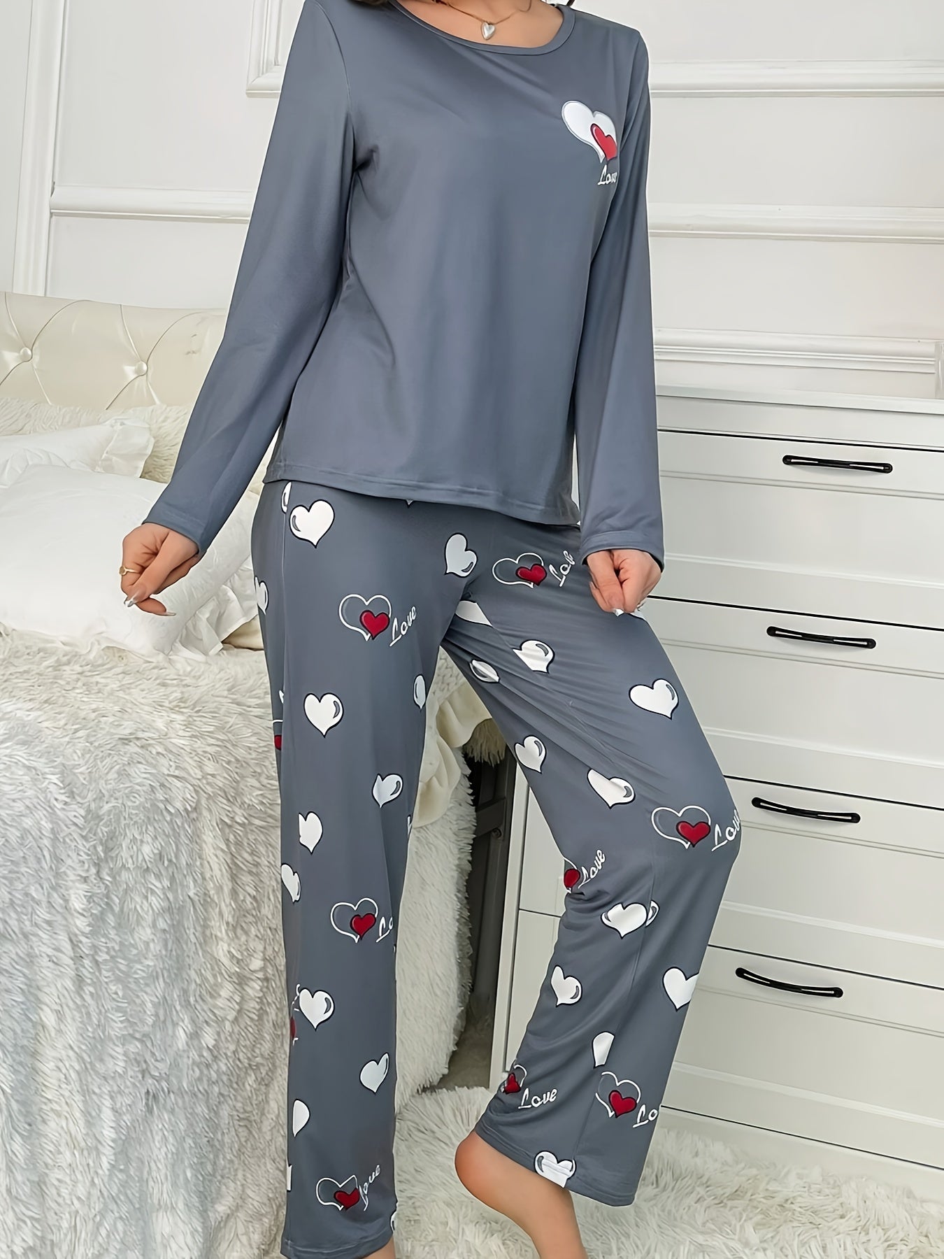 Plus Size Women's Casual Heart Print Long Sleeve Pantsuit