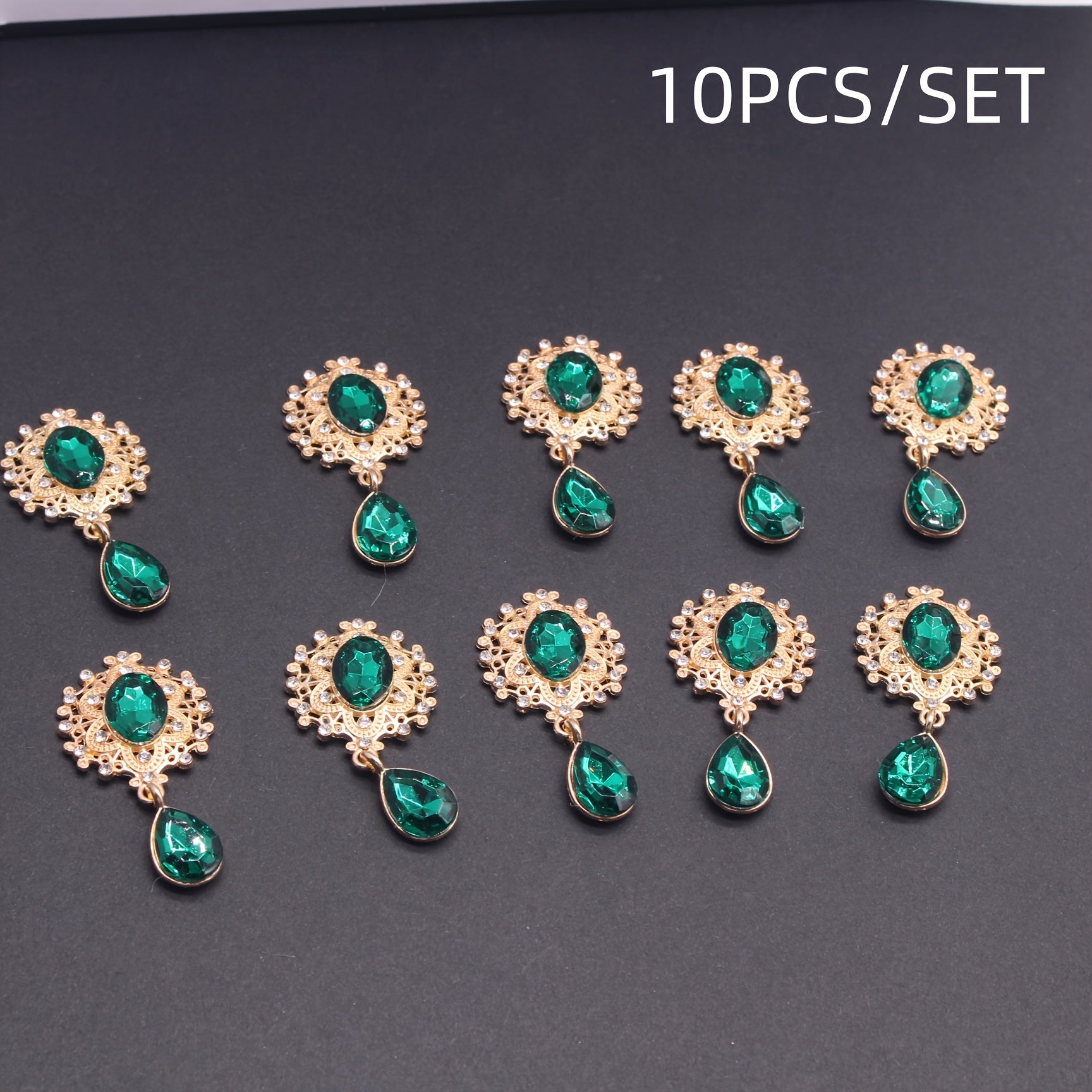 10Pcs Hair Ornaments Set Green Gemstone Water Drop Alloy Clips for DIY Jewelry