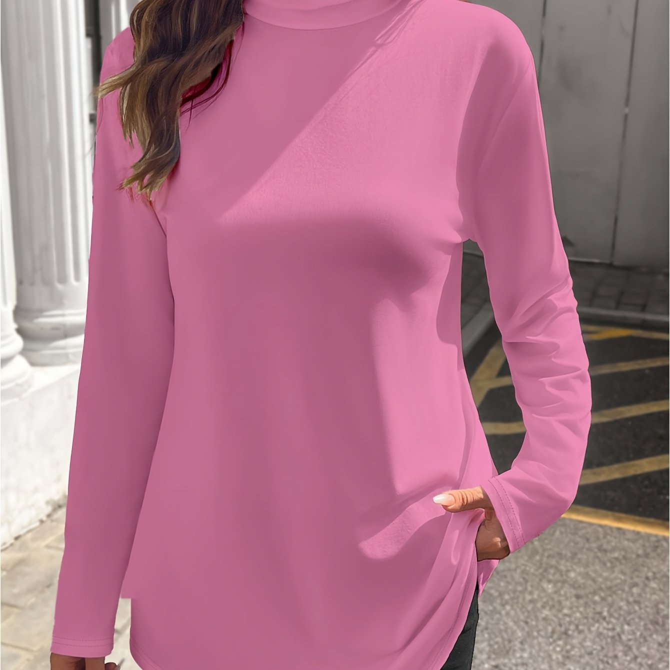 Plus Size Women's Long Sleeve Black Asymmetrical High Neck Top Casual Chic Blouse