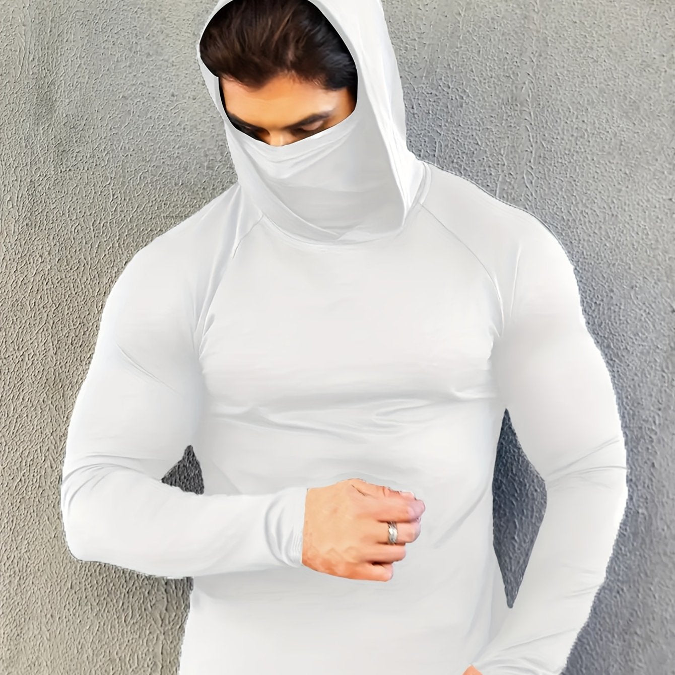 Men's Hooded Long-Sleeve T-Shirt with Mask Breathable Quick-Drying Compression Sports Top for Spring and Autumn