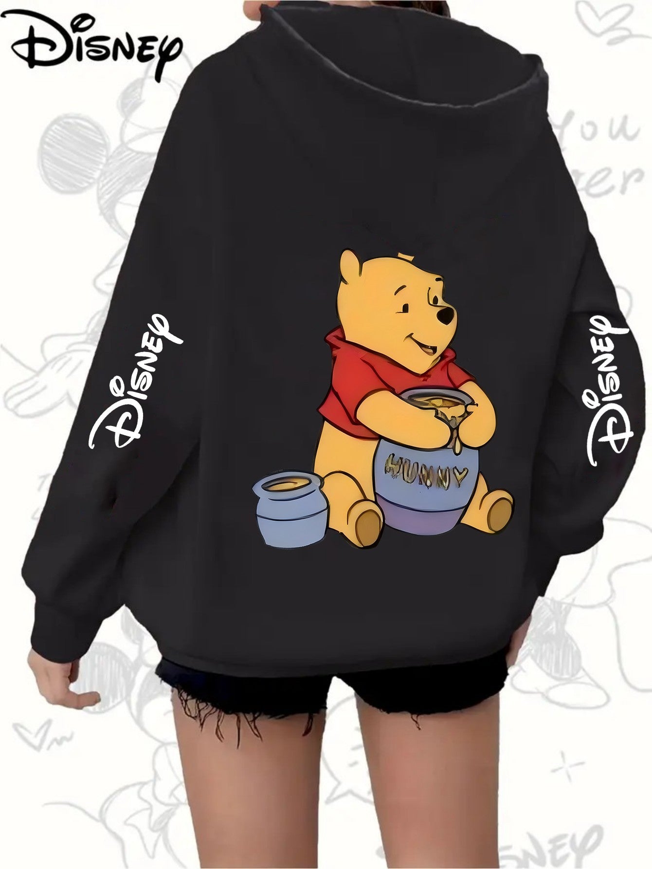 Plus Size Women's Hoodie Cartoon Print Honey Pot Drawstring Casual Jacket