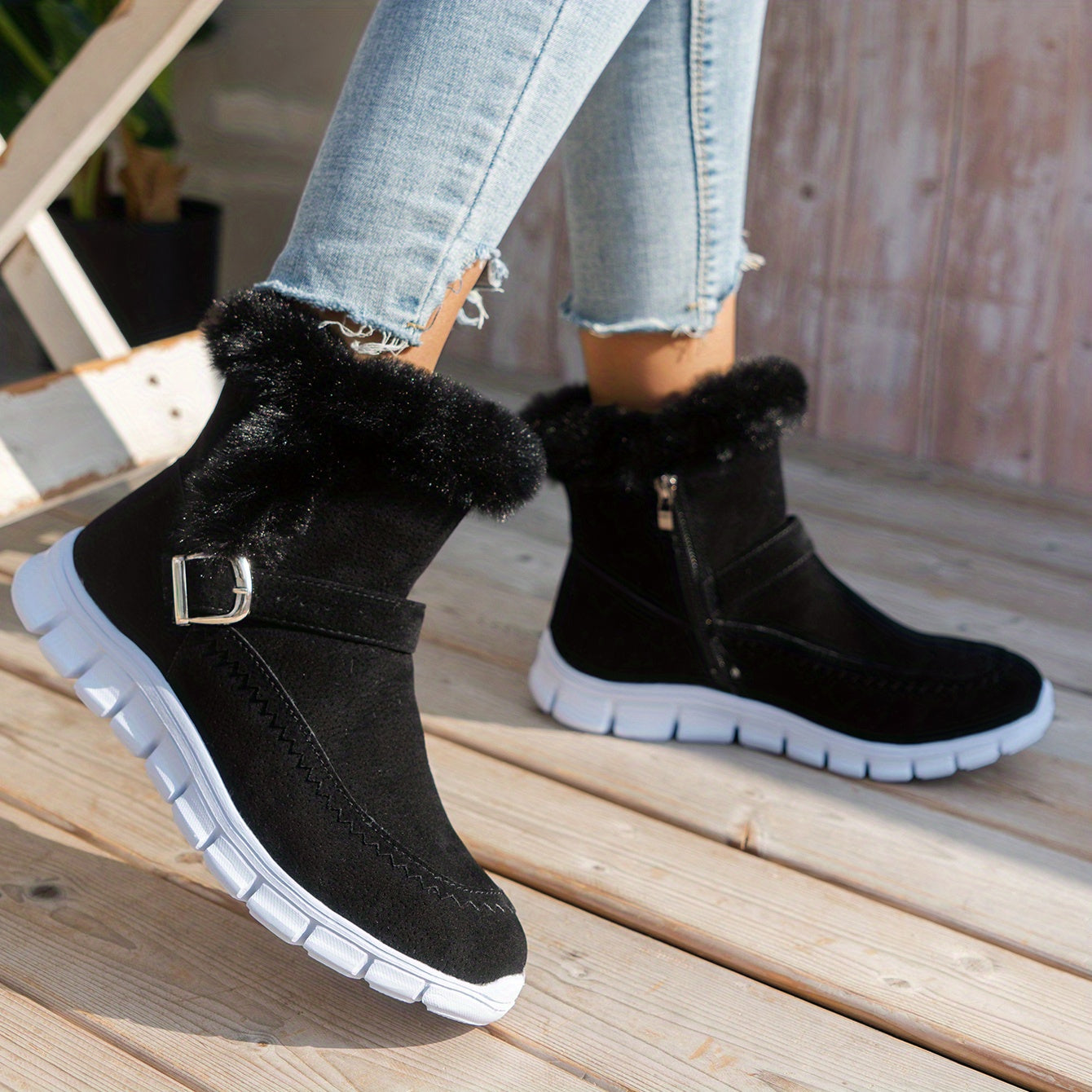 Women's Faux Fur-Lined Winter Snow Boots Thick Sole Gray Fabric