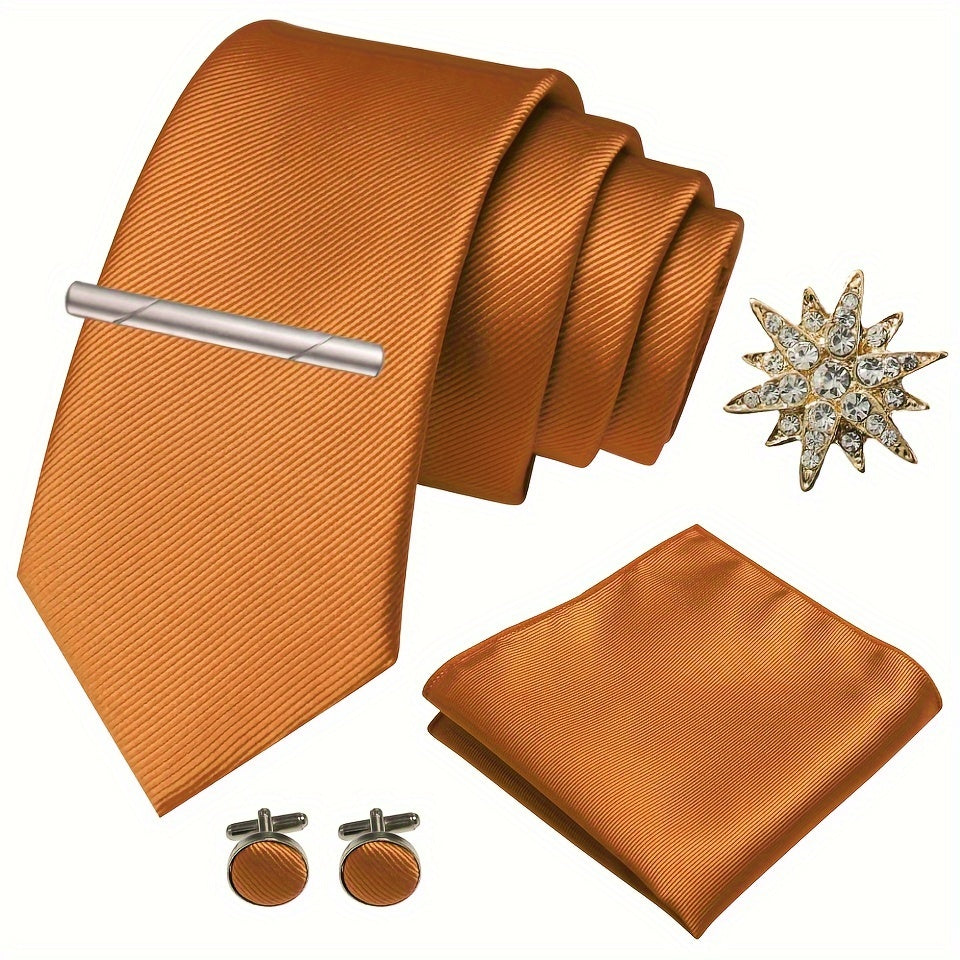 Erkaklar uchun satinning twill galstuk to'plami, galstuk klipi, cho'ntak sharlari, manşet o'rashlar va brosh uchun rasmiy tadbirlar