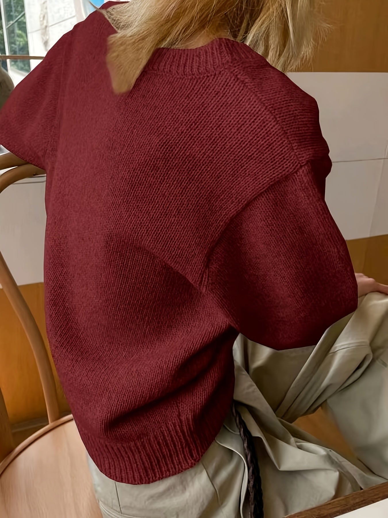 Top de punto de manga corta con cuello en V para mujer, color marrón, con alta elasticidad, ideal para primavera y verano