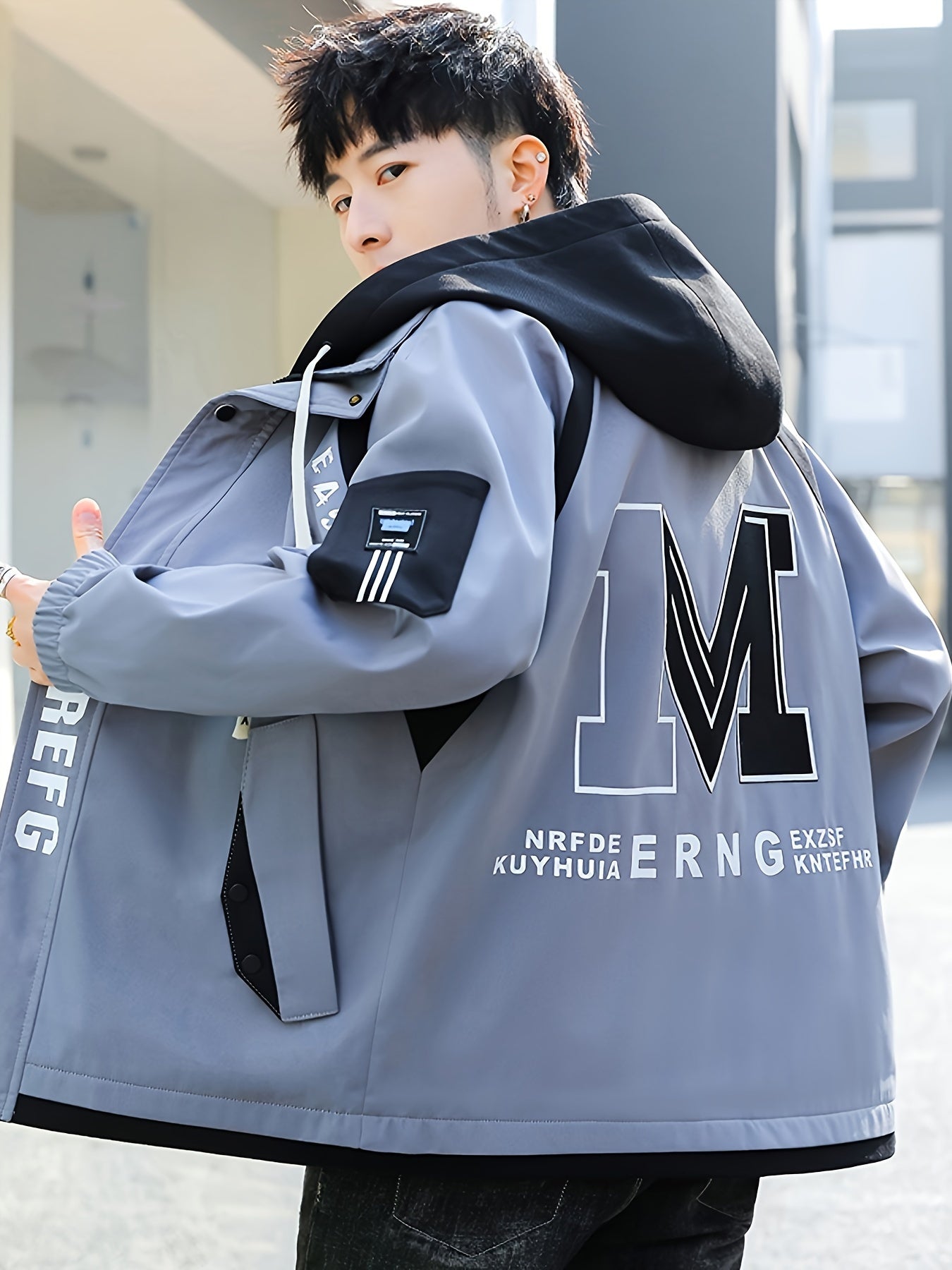 Men's Lightweight Preppy Hooded Jacket with Zipper Closure and College Letter Pattern