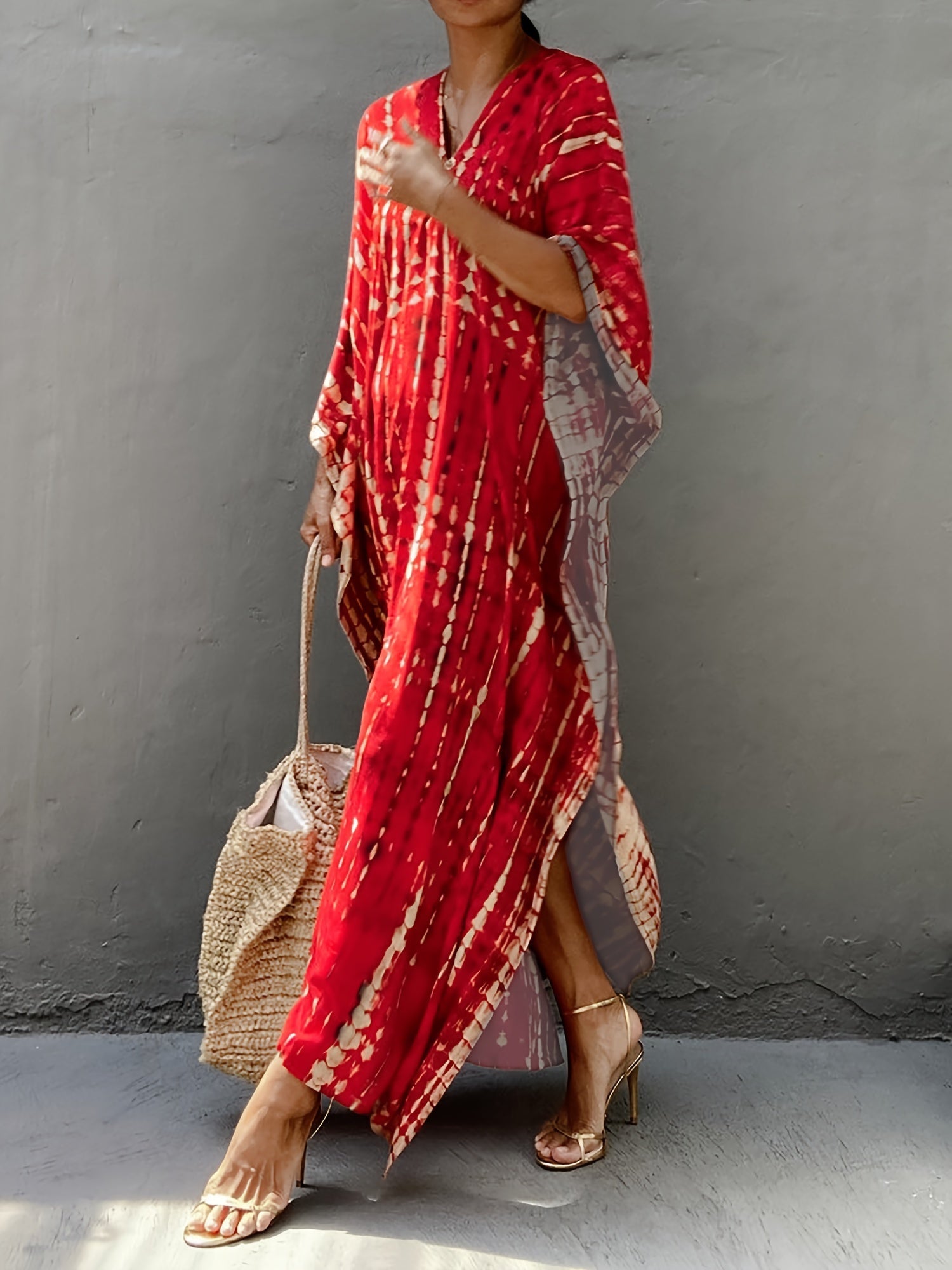 Plus Size Tie Dye Print Kaftan Dress Women V Neck Side Split Clothing