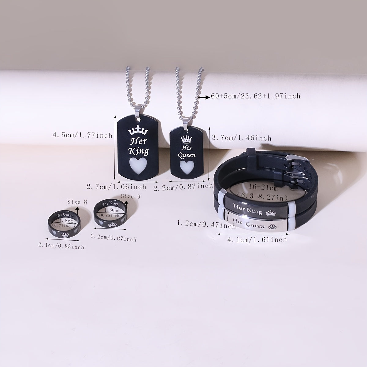 6-Piece Stainless Steel Love Crown Jewelry Set for Couples Necklace Bracelet Ring Gift