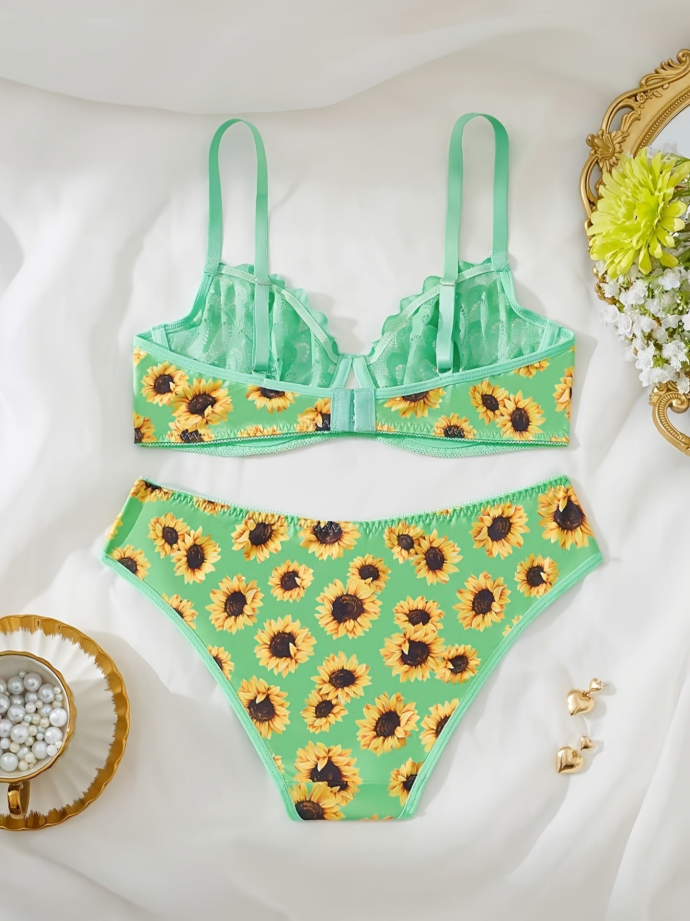 Women's Floral Lace Bralette and Briefs Set Underwear Lingerie