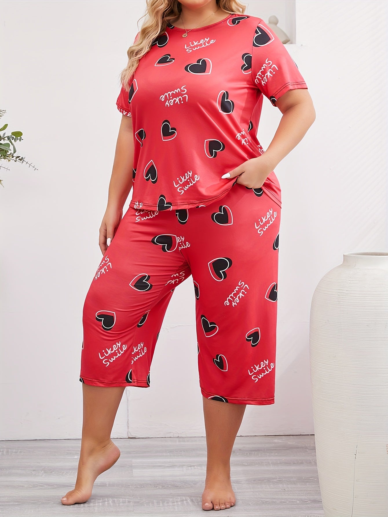 Women's Plus Size Heart and Letter Print Pajama Set Short Sleeve Lounge Two Piece