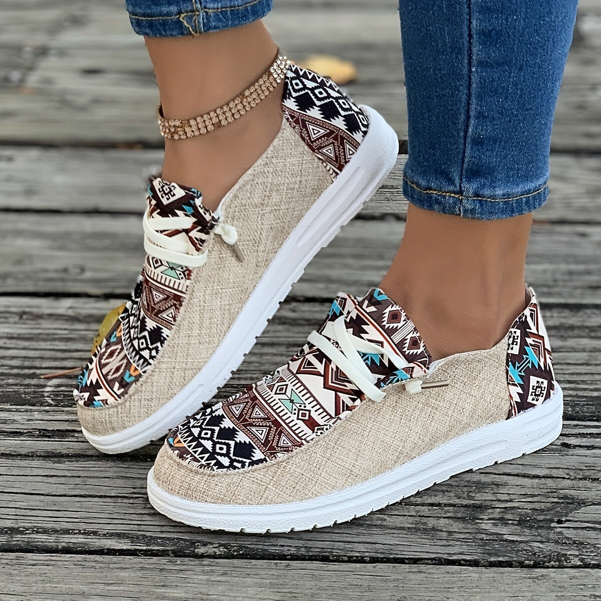 Women's Canvas Sneakers, Geometric Pattern, Casual Low Top Shoes