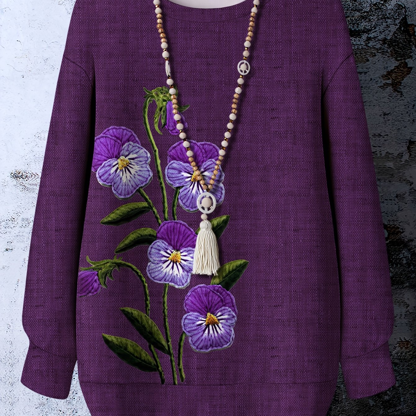 Plus Size Women's Crew Neck Sweatshirt Polyester Knit Floral Embroidery All-Season