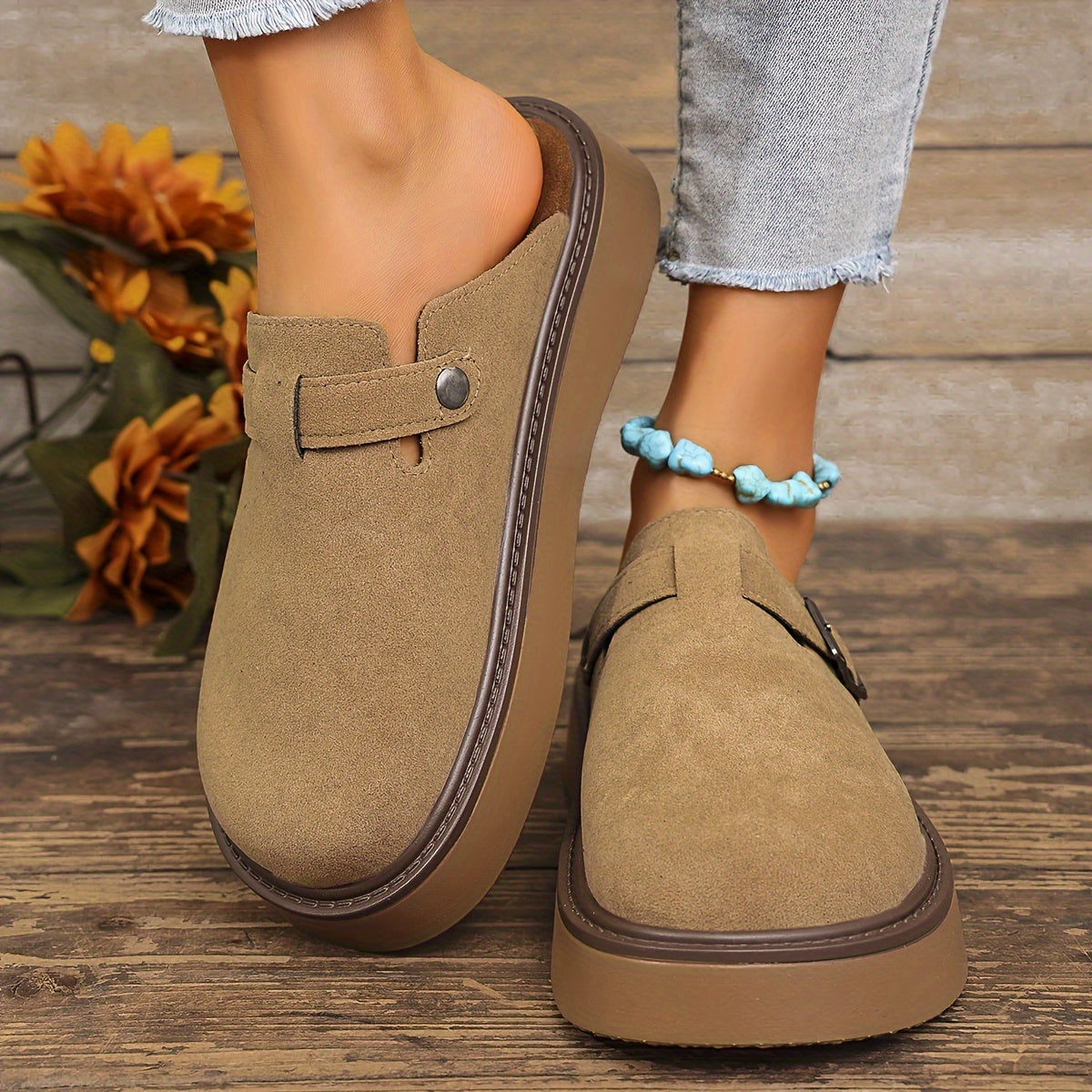 Women's Casual Buckle Loafers All-Season PU Upper Rubber Sole Flannel Insole