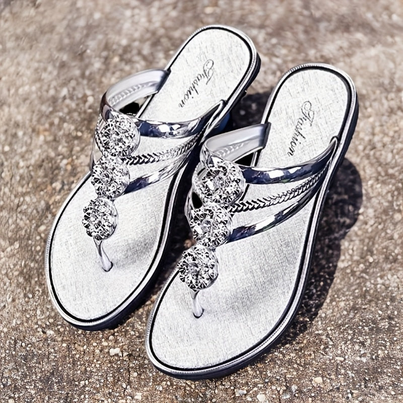 Women's Open Toe Rhinestone Flat Sandals for Beach and Casual Wear