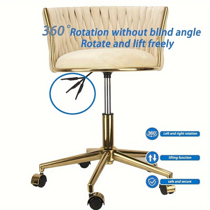 Golden Velvet Swivel Vanity Chair with Woven Backrest Adjustable Height 360° Rotation Cream Upholstery